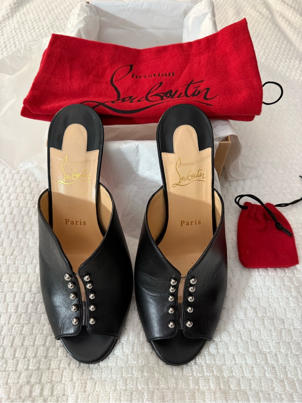 Christian Louboutin Black Leather Open-Toe Studded Mules